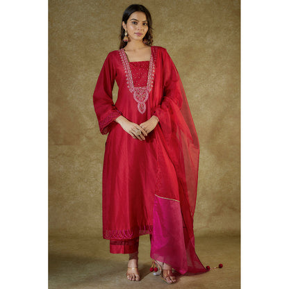 THE AARYA Red Chanderi Embroidered Kurta And Palazzo With Dupatta (Set of 3)