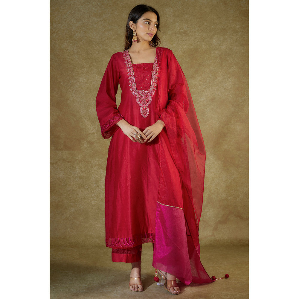 THE AARYA Red Chanderi Embroidered Kurta And Palazzo With Dupatta (Set of 3)