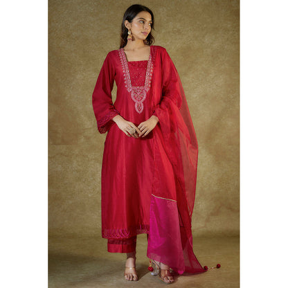 THE AARYA Red Chanderi Embroidered Kurta And Palazzo With Dupatta (Set of 3)