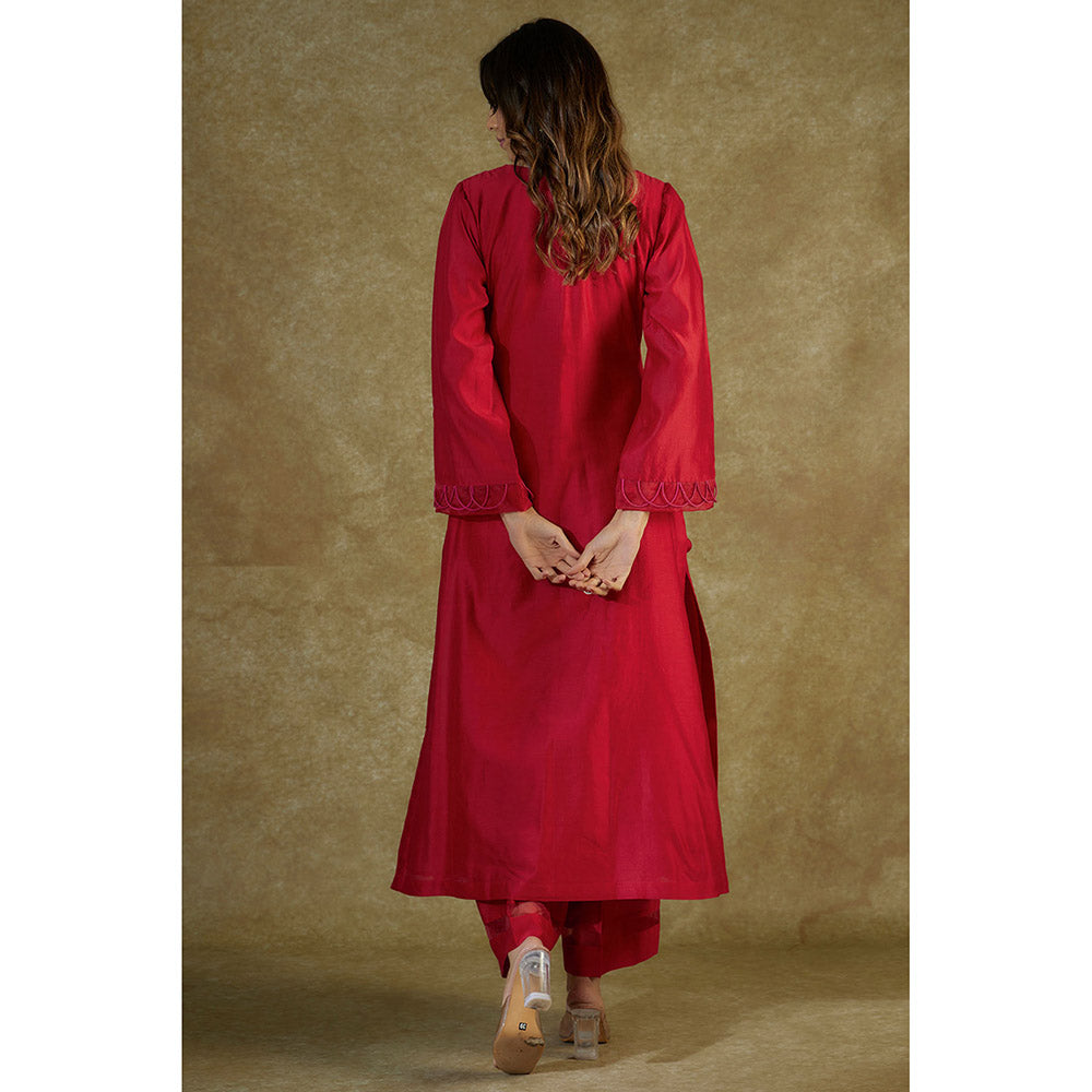 THE AARYA Red Chanderi Embroidered Kurta And Palazzo With Dupatta (Set of 3)