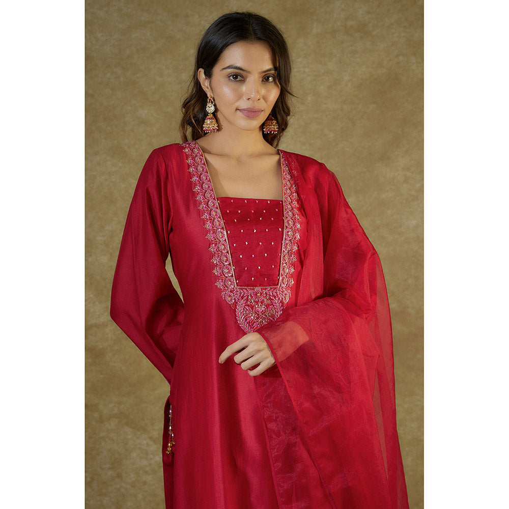THE AARYA Red Chanderi Embroidered Kurta And Palazzo With Dupatta (Set of 3)