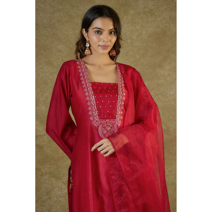 THE AARYA Red Chanderi Embroidered Kurta And Palazzo With Dupatta (Set of 3)