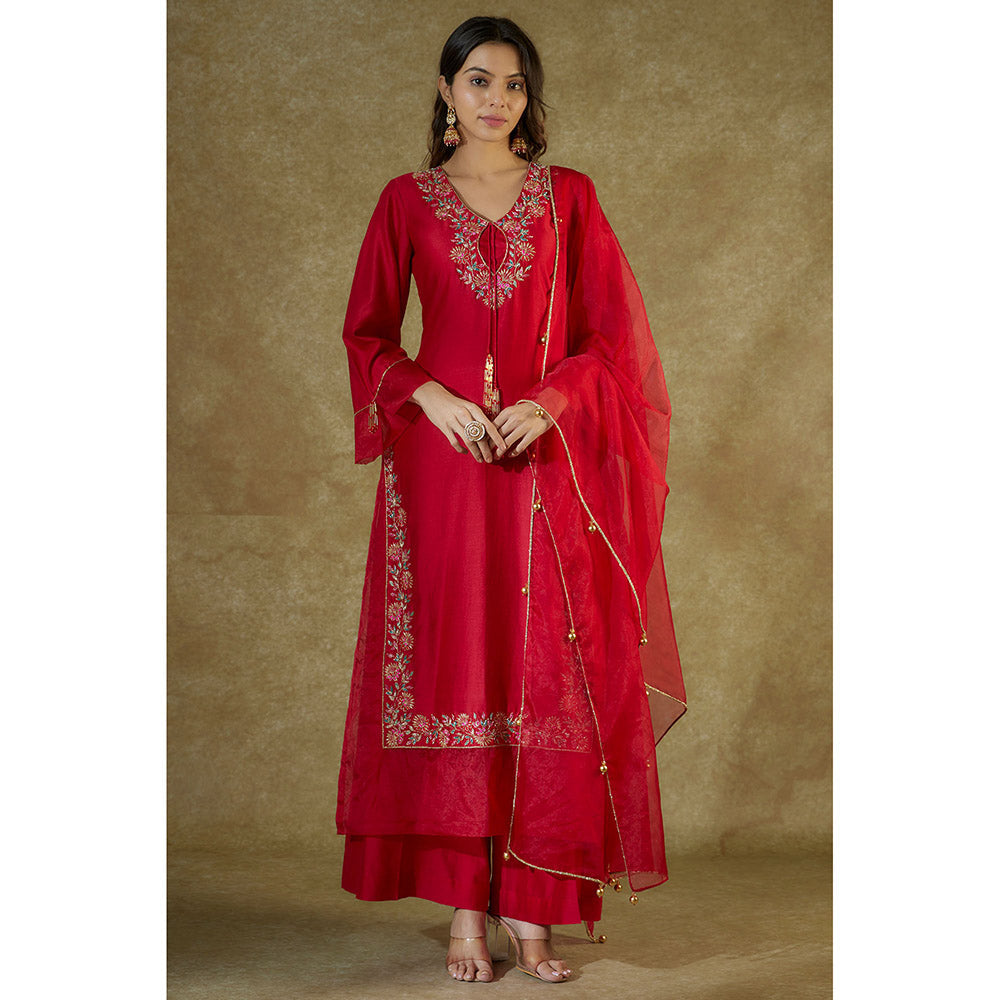THE AARYA Red Embroidered Organza Panelled Kurta And Palazzo With Dupatta (Set of 3)