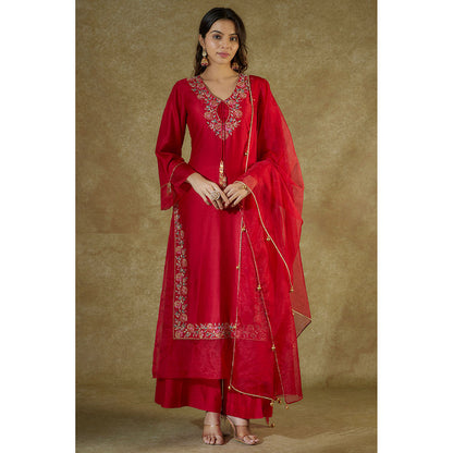 THE AARYA Red Embroidered Organza Panelled Kurta And Palazzo With Dupatta (Set of 3)