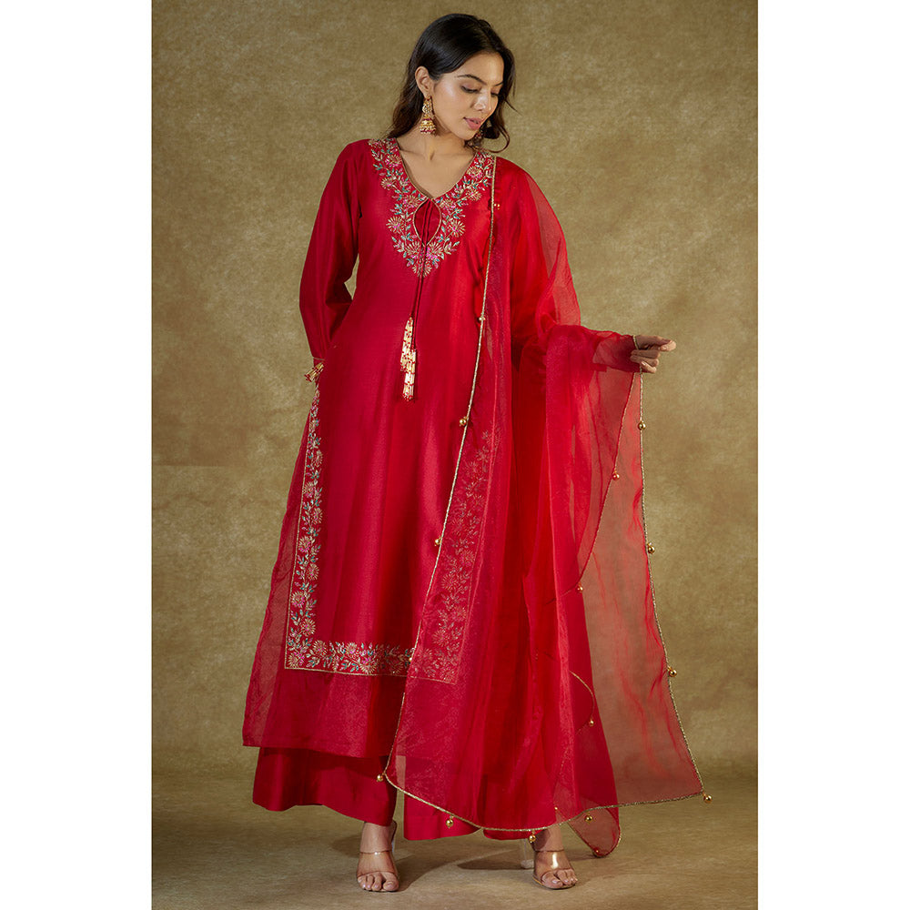 THE AARYA Red Embroidered Organza Panelled Kurta And Palazzo With Dupatta (Set of 3)