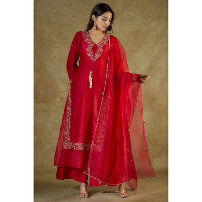 THE AARYA Red Embroidered Organza Panelled Kurta And Palazzo With Dupatta (Set of 3)