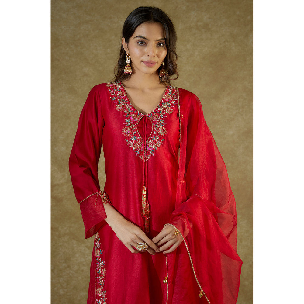 THE AARYA Red Embroidered Organza Panelled Kurta And Palazzo With Dupatta (Set of 3)