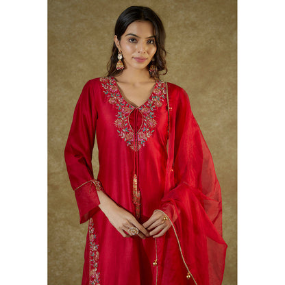 THE AARYA Red Embroidered Organza Panelled Kurta And Palazzo With Dupatta (Set of 3)