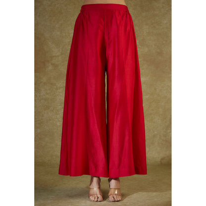 THE AARYA Red Embroidered Organza Panelled Kurta And Palazzo With Dupatta (Set of 3)