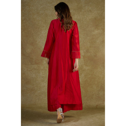 THE AARYA Red Embroidered Organza Panelled Kurta And Palazzo With Dupatta (Set of 3)