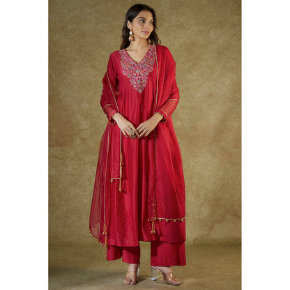 THE AARYA Red Chanderi Embroidered Pleated Kurta And Palazzo With Dupatta (Set of 3)