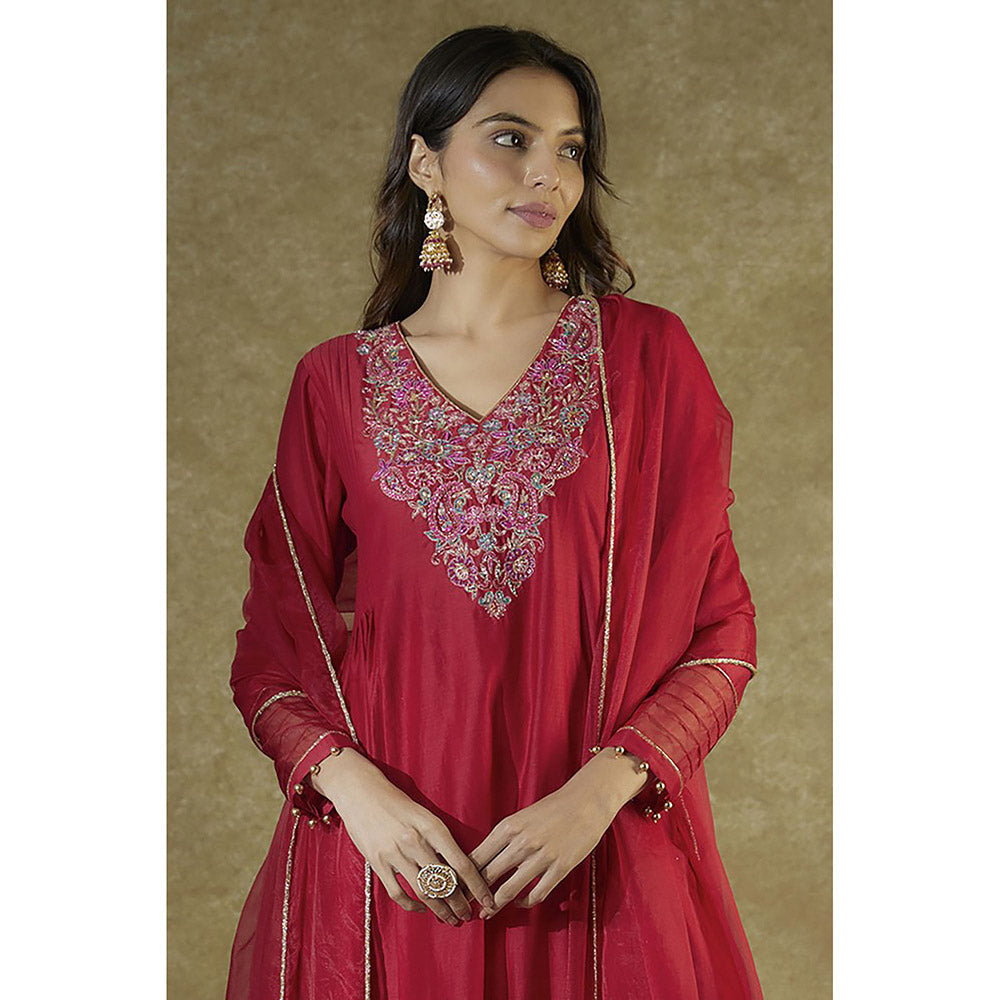THE AARYA Red Chanderi Embroidered Pleated Kurta And Palazzo With Dupatta (Set of 3)