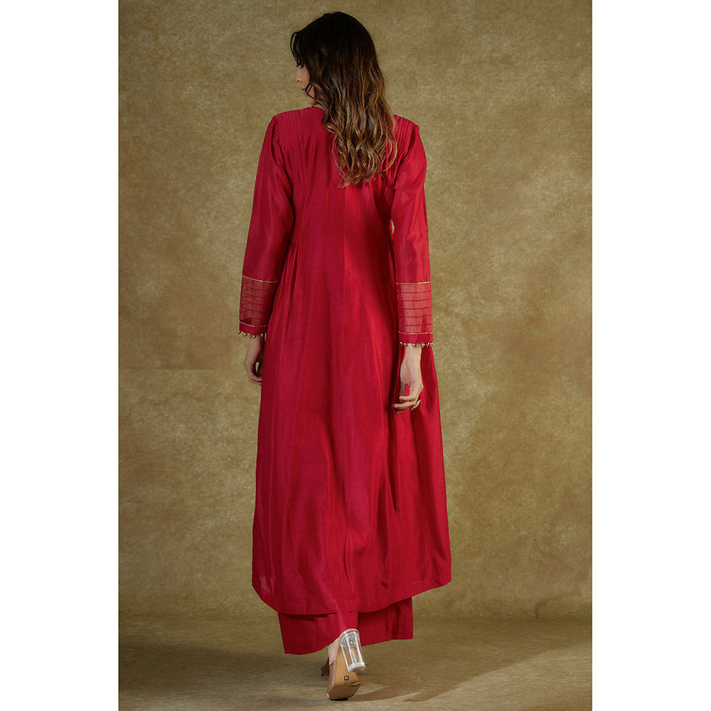 THE AARYA Red Chanderi Embroidered Pleated Kurta And Palazzo With Dupatta (Set of 3)