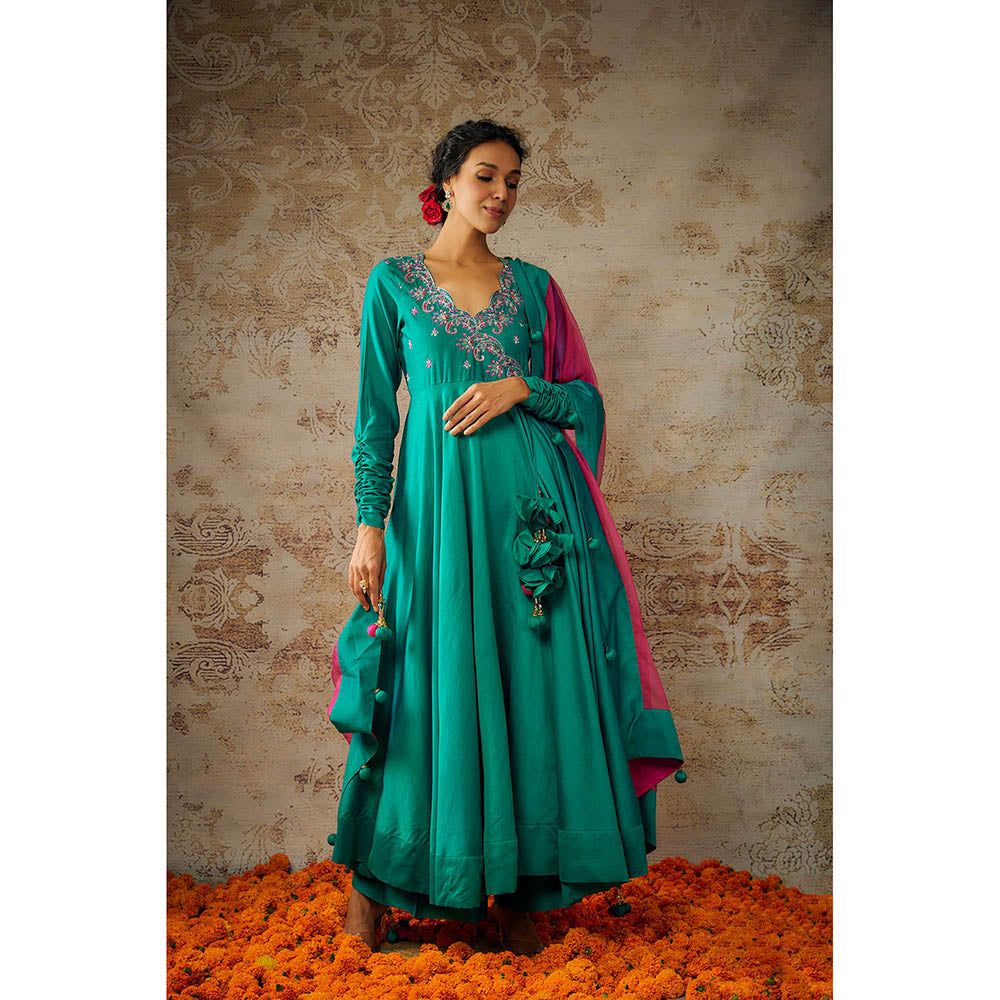 THE AARYA Peacock Green Chanderi Embroidered Anarkali Palazzo with Dupatta (Set of 3)