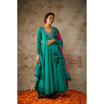 THE AARYA Peacock Green Chanderi Embroidered Anarkali Palazzo with Dupatta (Set of 3)