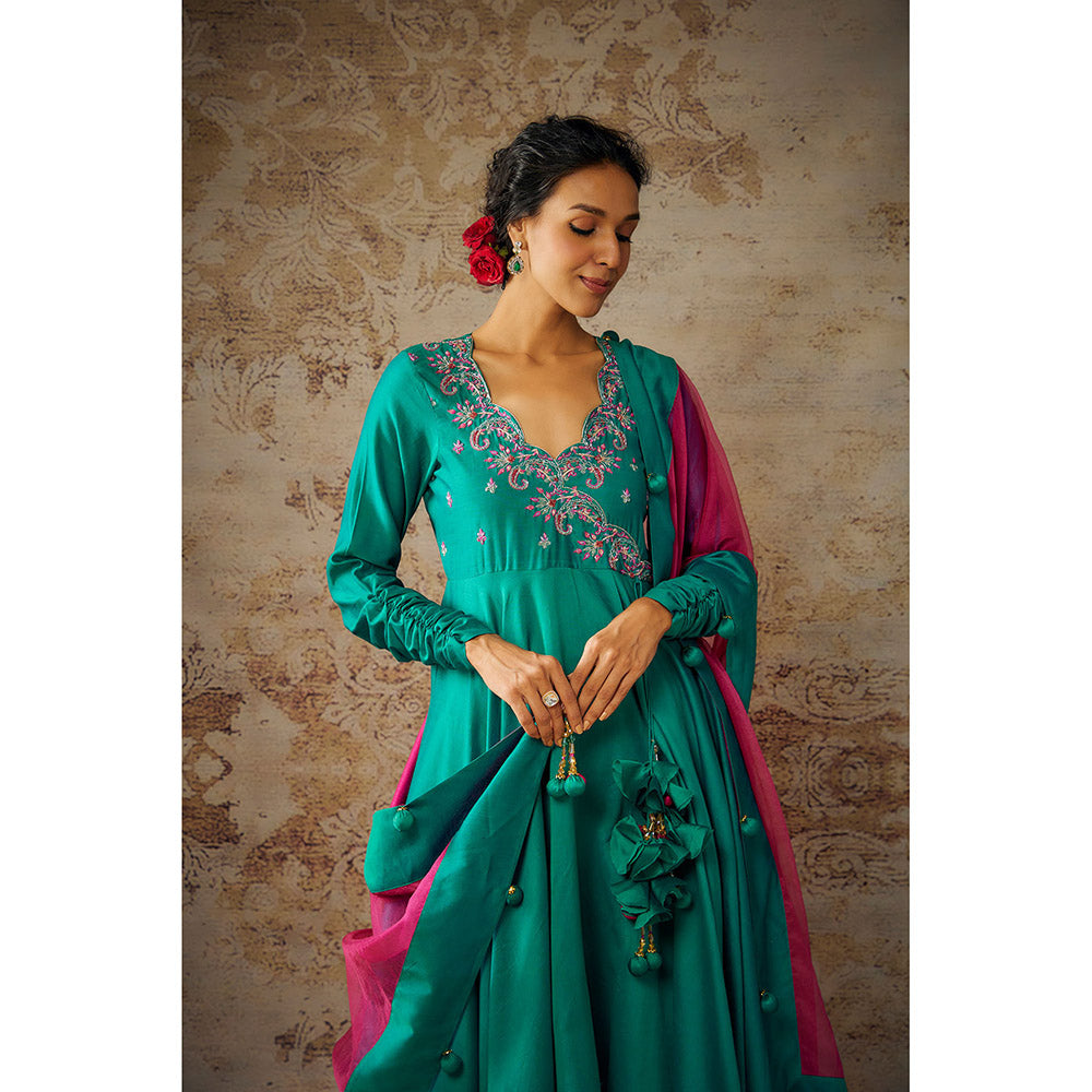 THE AARYA Peacock Green Chanderi Embroidered Anarkali Palazzo with Dupatta (Set of 3)