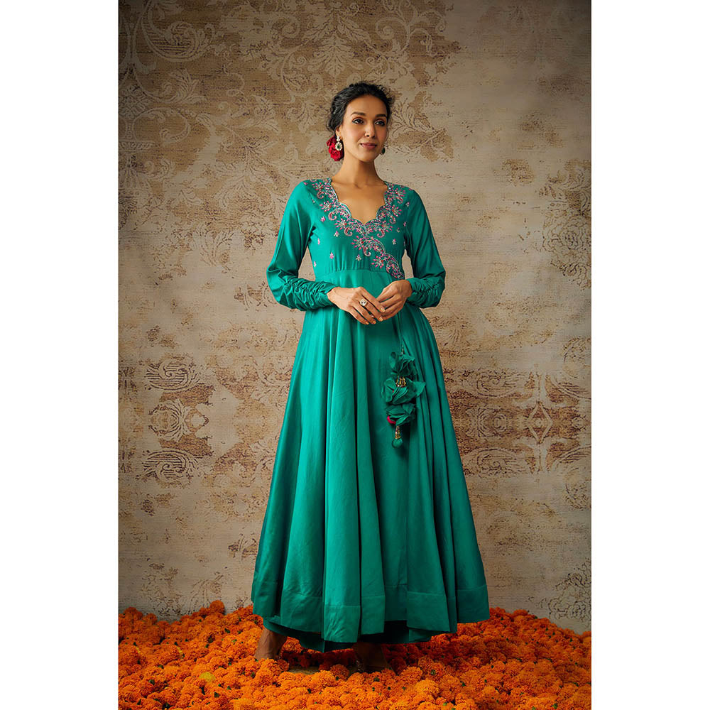THE AARYA Peacock Green Chanderi Embroidered Anarkali Palazzo with Dupatta (Set of 3)
