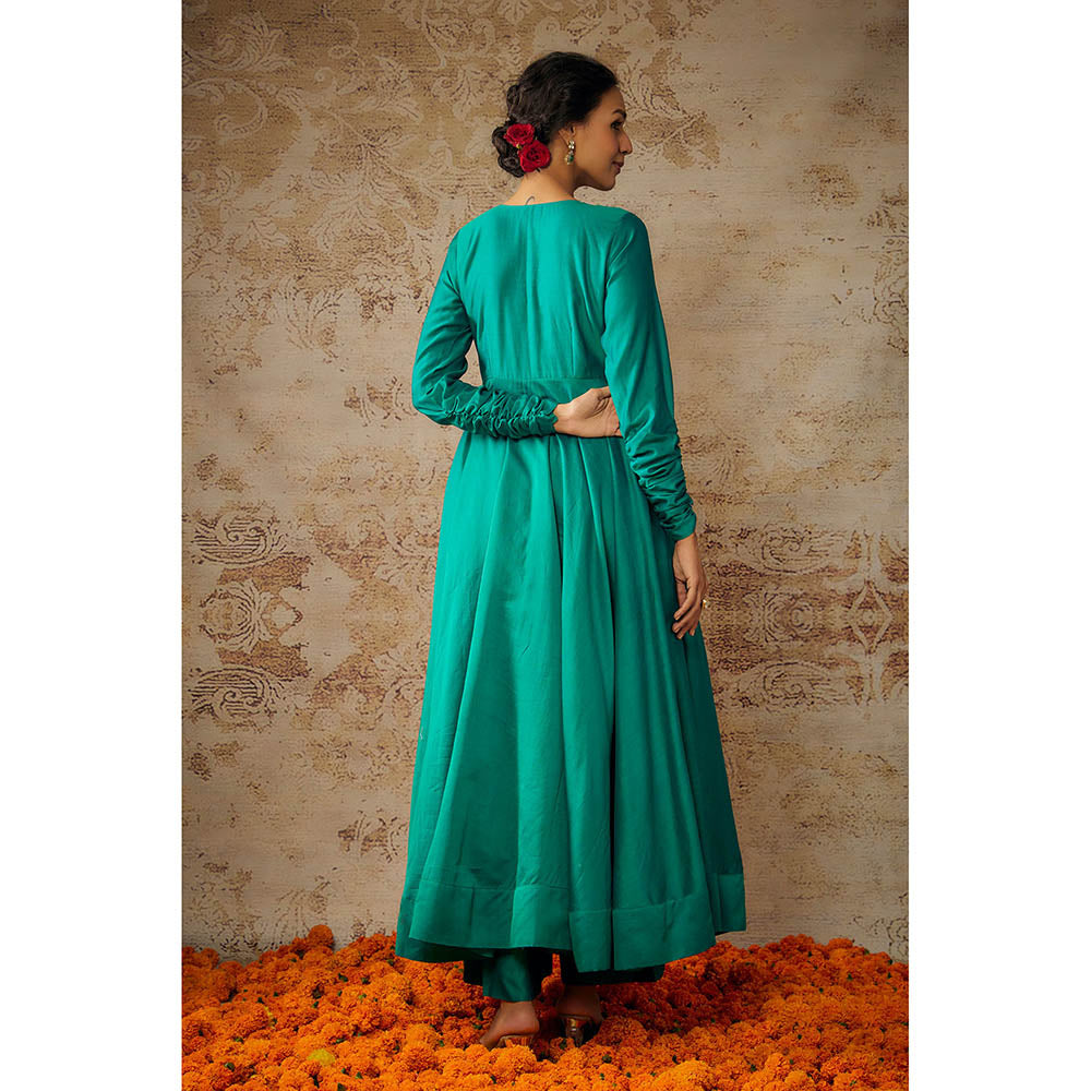 THE AARYA Peacock Green Chanderi Embroidered Anarkali Palazzo with Dupatta (Set of 3)
