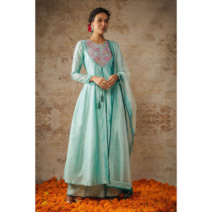THE AARYA Aqua Blue Chanderi Embroidered Anarkali Palazzo with Dupatta (Set of 3)