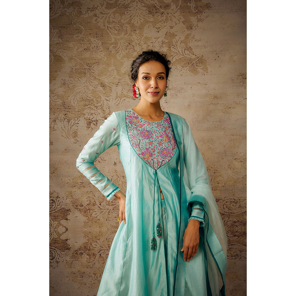 THE AARYA Aqua Blue Chanderi Embroidered Anarkali Palazzo with Dupatta (Set of 3)