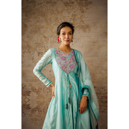 THE AARYA Aqua Blue Chanderi Embroidered Anarkali Palazzo with Dupatta (Set of 3)