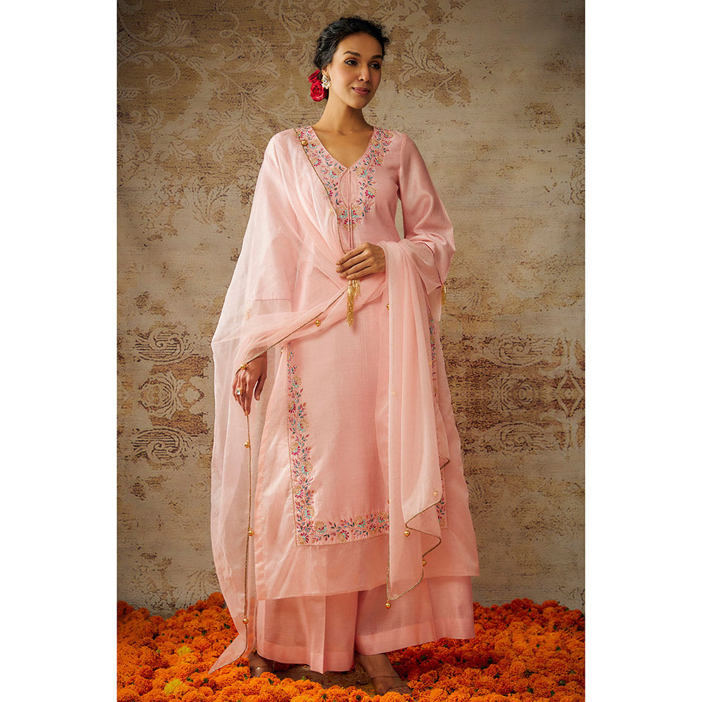 THE AARYA Peach Chanderi Embroidered Organza Panelled Kurta Palazzo with Dupatta (Set of 3)