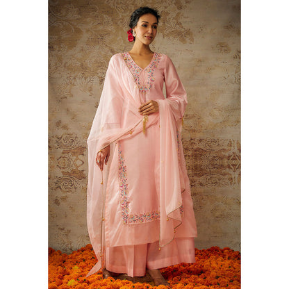 THE AARYA Peach Chanderi Embroidered Organza Panelled Kurta Palazzo with Dupatta (Set of 3)
