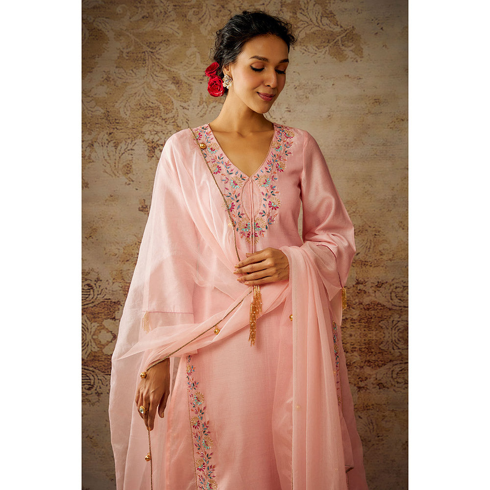 THE AARYA Peach Chanderi Embroidered Organza Panelled Kurta Palazzo with Dupatta (Set of 3)