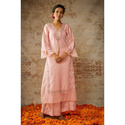 THE AARYA Peach Chanderi Embroidered Organza Panelled Kurta Palazzo with Dupatta (Set of 3)