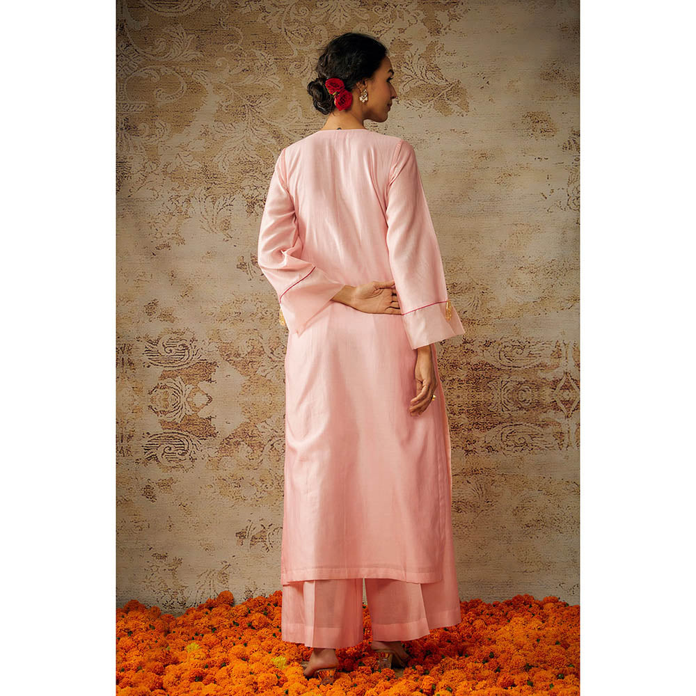 THE AARYA Peach Chanderi Embroidered Organza Panelled Kurta Palazzo with Dupatta (Set of 3)
