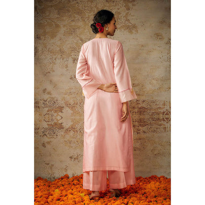THE AARYA Peach Chanderi Embroidered Organza Panelled Kurta Palazzo with Dupatta (Set of 3)