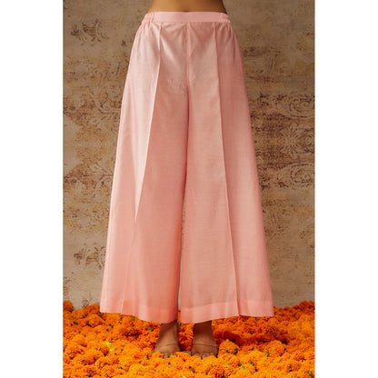 THE AARYA Peach Chanderi Embroidered Organza Panelled Kurta Palazzo with Dupatta (Set of 3)