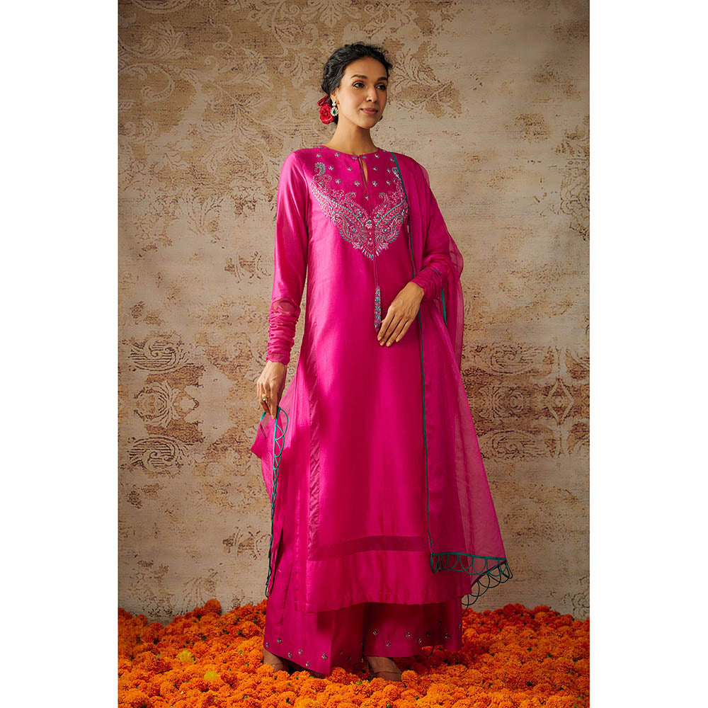 THE AARYA Pink Chanderi Embroidered Kurta Palazzo with Dupatta (Set of 3)