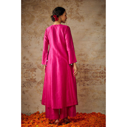 THE AARYA Pink Chanderi Embroidered Pleated Kurta Palazzo with Dupatta (Set of 3)