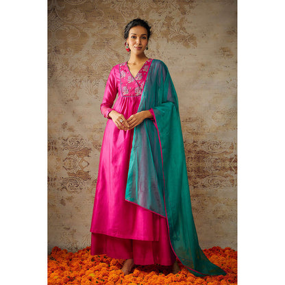 THE AARYA Pink Chanderi Embroidered Kurta Palazzo with Dupatta (Set of 3)