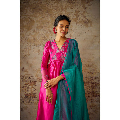 THE AARYA Pink Chanderi Embroidered Kurta Palazzo with Dupatta (Set of 3)