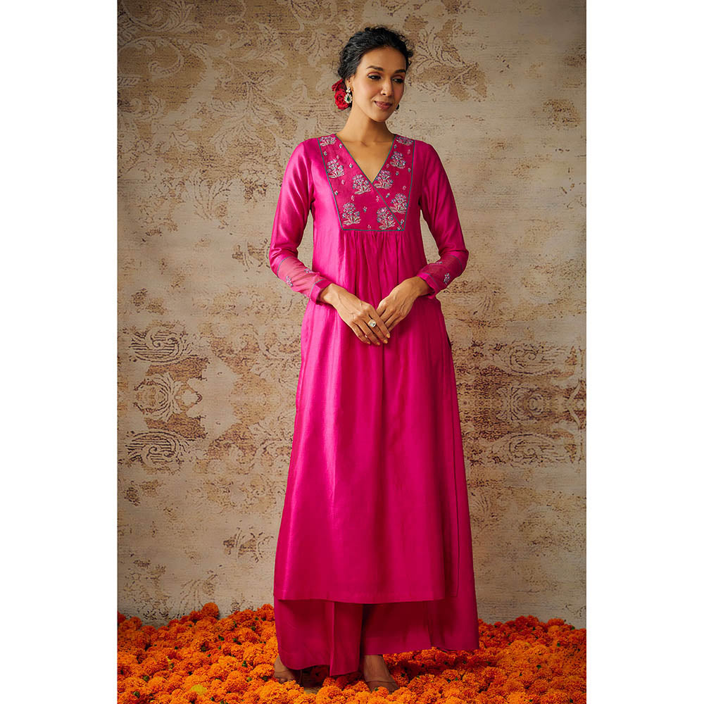 THE AARYA Pink Chanderi Embroidered Kurta Palazzo with Dupatta (Set of 3)