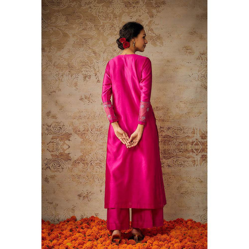 THE AARYA Pink Chanderi Embroidered Kurta Palazzo with Dupatta (Set of 3)