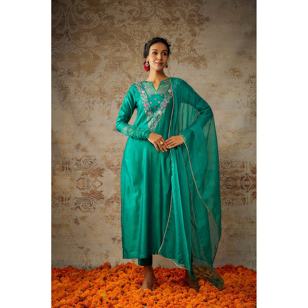 THE AARYA Peacock Green Chanderi Embroidered Kurta Pant with Dupatta (Set of 3)