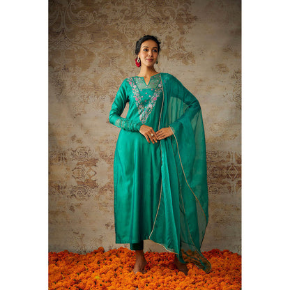 THE AARYA Peacock Green Chanderi Embroidered Kurta Pant with Dupatta (Set of 3)