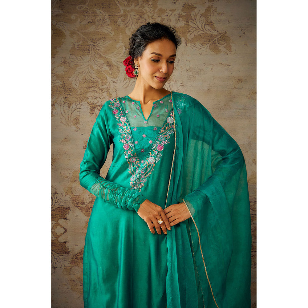 THE AARYA Peacock Green Chanderi Embroidered Kurta Pant with Dupatta (Set of 3)