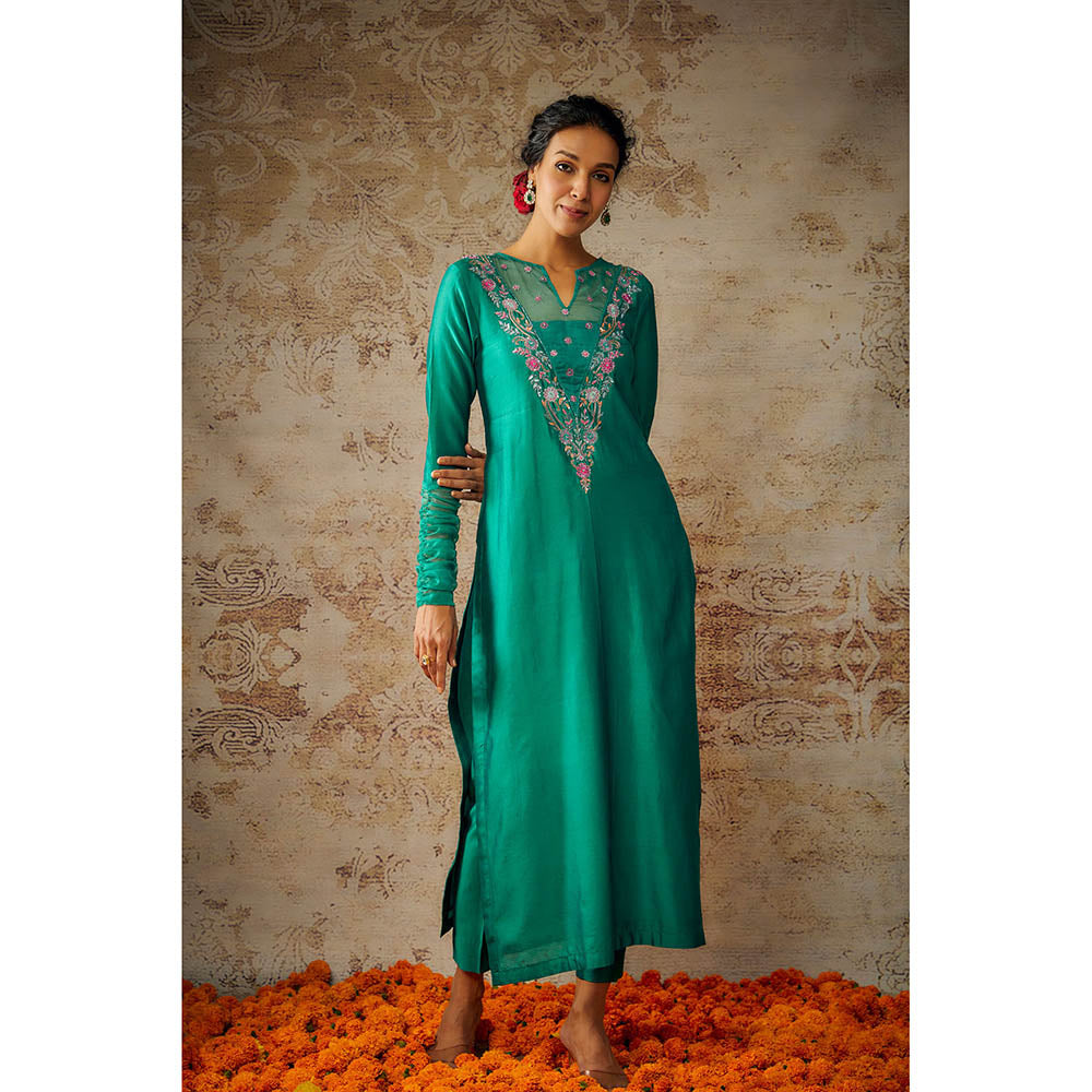 THE AARYA Peacock Green Chanderi Embroidered Kurta Pant with Dupatta (Set of 3)