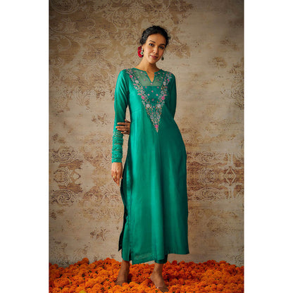 THE AARYA Peacock Green Chanderi Embroidered Kurta Pant with Dupatta (Set of 3)