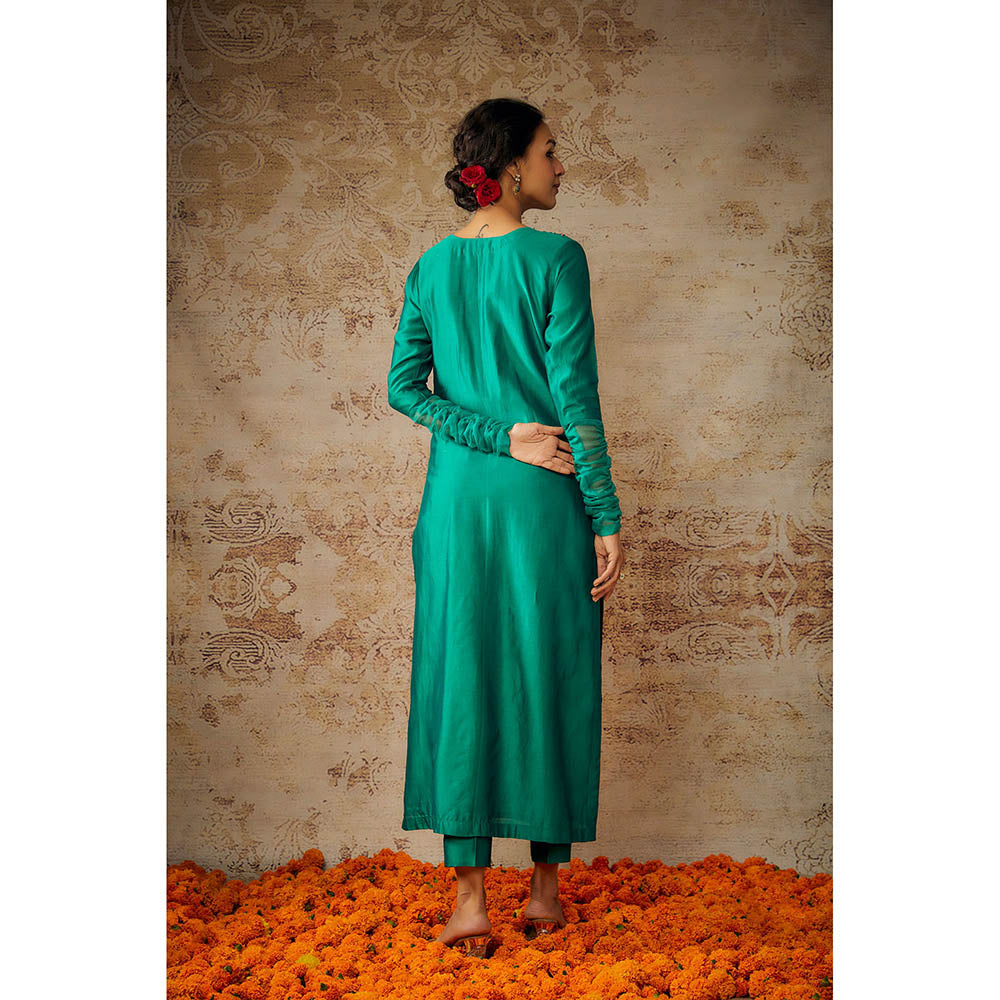 THE AARYA Peacock Green Chanderi Embroidered Kurta Pant with Dupatta (Set of 3)