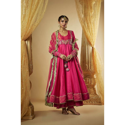 THE AARYA Pink Chanderi Zardozi Embroidered Anarkali Kurta with Churidar & Dupatta (Set of 3)