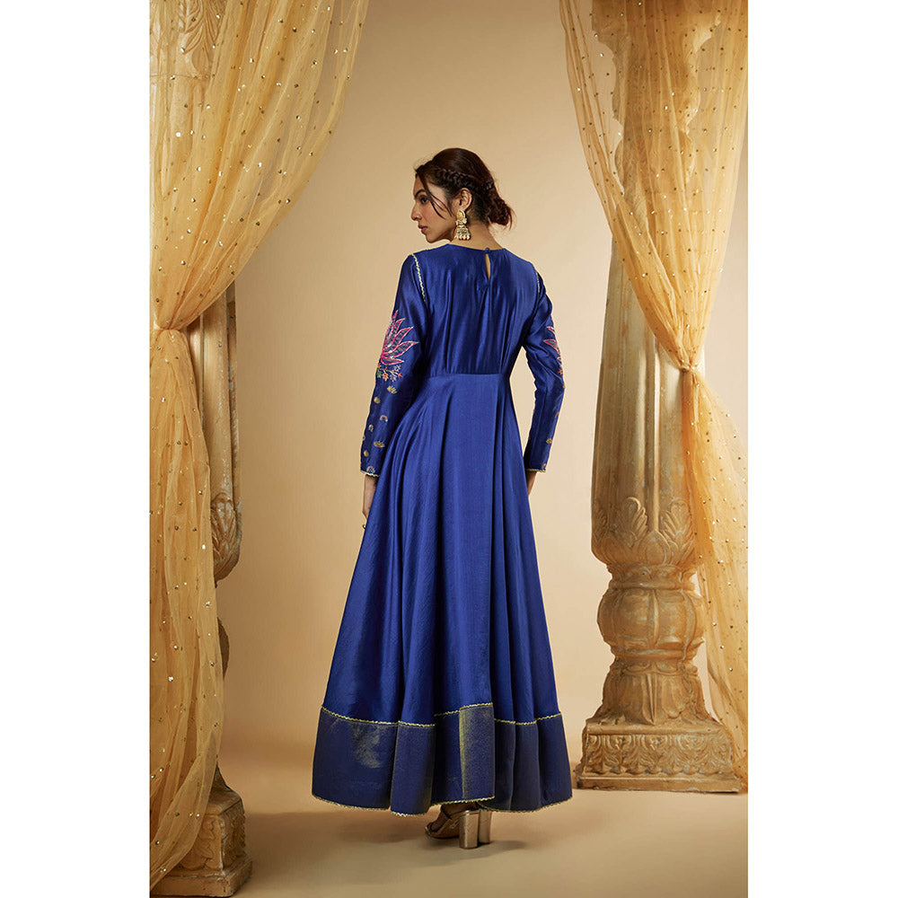 THE AARYA Blue Chanderi Zardozi Embroidered Anarkali Kurta with Palazzo & Dupatta (Set of 3)