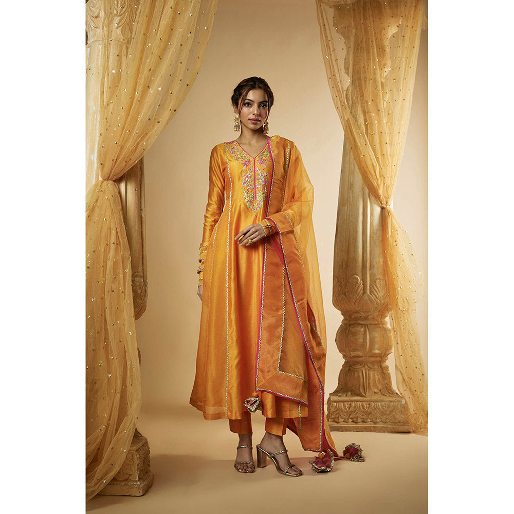 THE AARYA Orange Chanderi Zardozi Embroidered Anarkali Kurta with Pant & Dupatta (Set of 3)