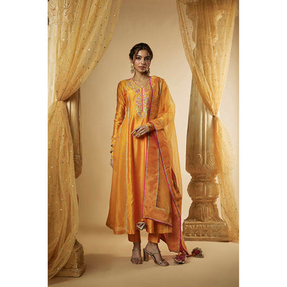 THE AARYA Orange Chanderi Zardozi Embroidered Anarkali Kurta with Pant & Dupatta (Set of 3)
