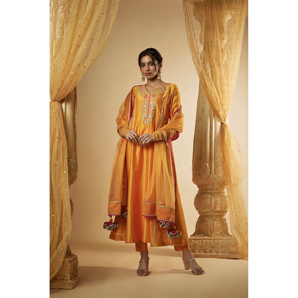 THE AARYA Orange Chanderi Zardozi Embroidered Anarkali Kurta with Pant & Dupatta (Set of 3)