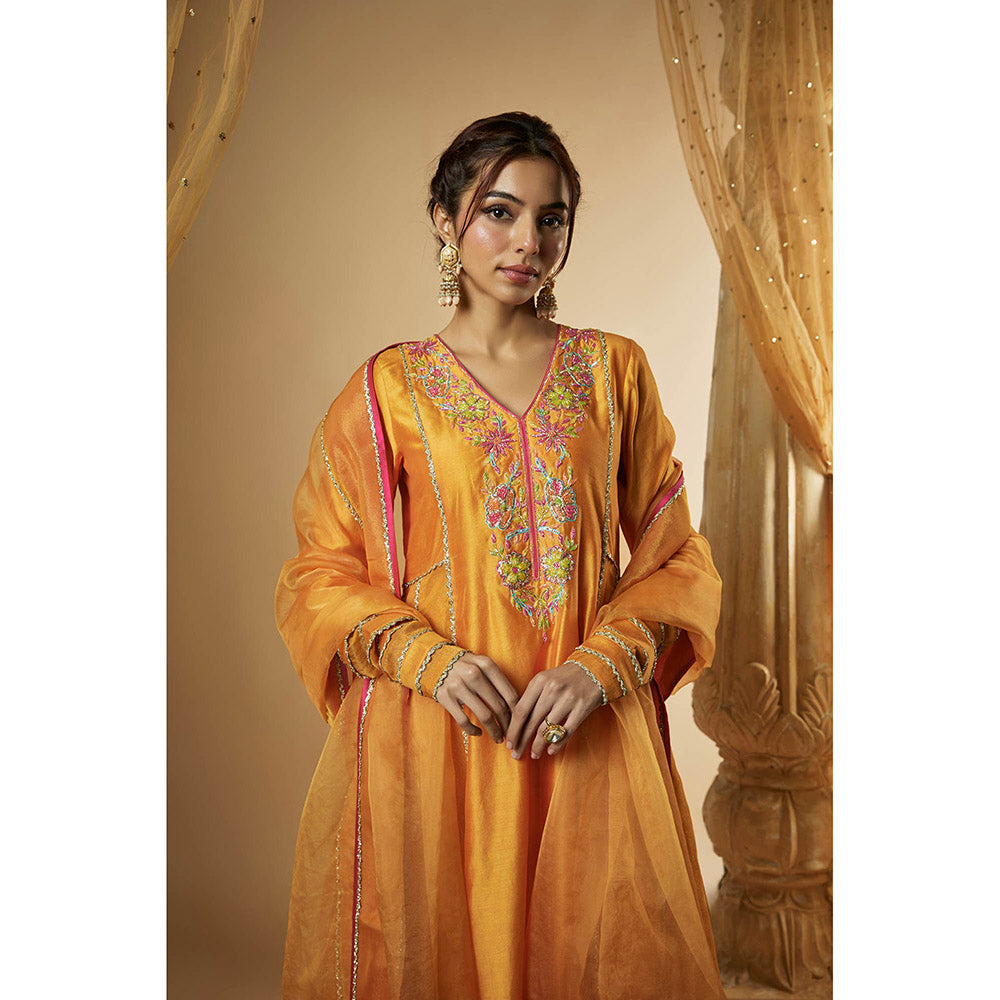 THE AARYA Orange Chanderi Zardozi Embroidered Anarkali Kurta with Pant & Dupatta (Set of 3)